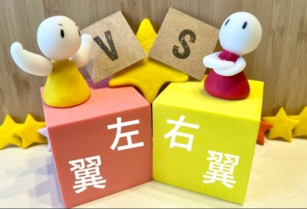 「左翼」vs「右翼」のイメージ画像
人形が、「左翼」「右翼」と書いた積み木の上に立っている。
人形の間には「v」「s」の積み木があり、対立する様子を表している
(出典:Free画像 PhotoAC)